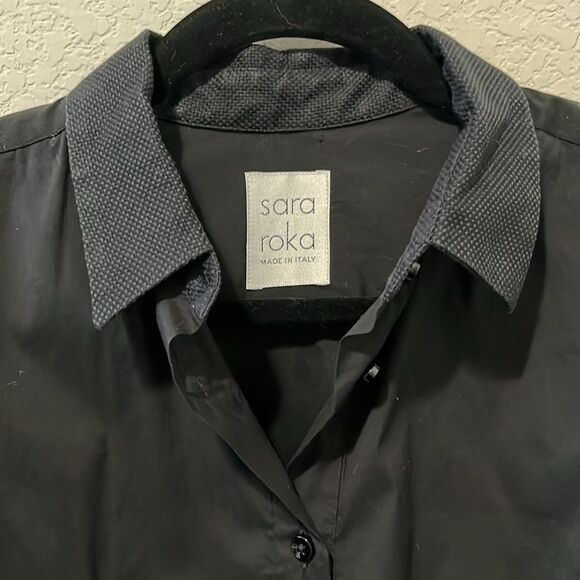 SARA ROKA Black Button Down Mini Shirtdress, Ruched Sides, Size 40(IT), S/4(US) - Picture 6 of 10